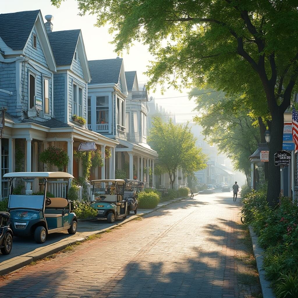 Cape Charles, Virginia: Your Hidden Coastal Paradise Revealed Early morning in Cape Charles showcasing historic Victorian cottages, local shops, golf carts and bicycles on a quiet street lined with lush green trees