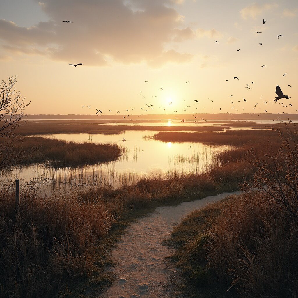 Rehoboth Beach, Delaware: Where Small Town Meets Coastal Magic Spectacular sunset over Cape Henlopen State Park featuring the winding Gordons Pond Trail, diverse wildlife, migratory birds, native beach vegetation, reflective salt marshes and distant kayakers.