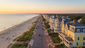 Cape May, New Jersey: Where History Meets Coastal Charm "Aerial view of Cape May featuring Victorian mansions, Congress Hall, horse-drawn carriages, and coastal sunset"