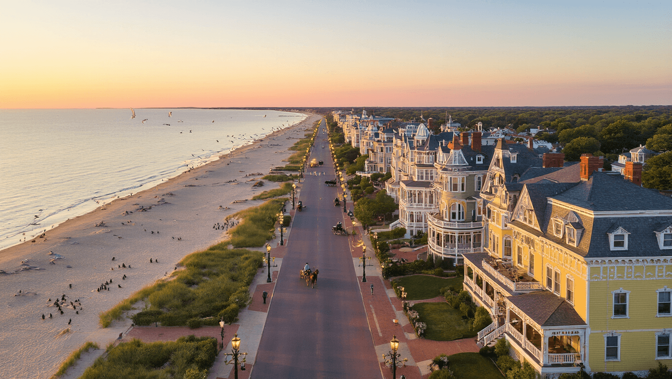 "Aerial view of Cape May featuring Victorian mansions, Congress Hall, horse-drawn carriages, and coastal sunset"
