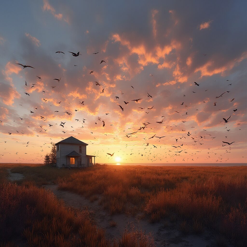 Cape May, New Jersey: Where History Meets Coastal Charm Panoramic sunset view of Cape May Bird Observatory filled with migrating birds, illuminated coastal wetlands, the observatory building nestled among dune grasses, and Delaware Bay in the distance.