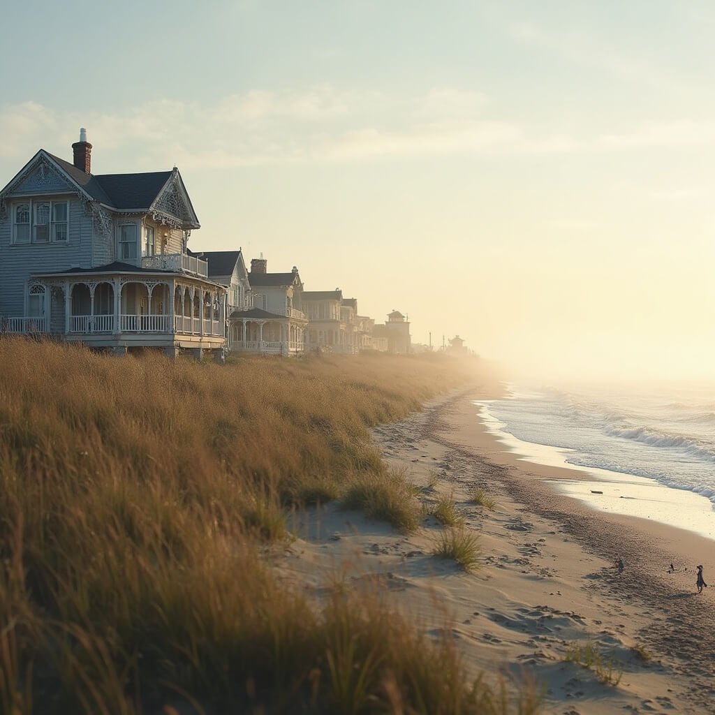 Cape May, New Jersey: Where History Meets Coastal Charm Cape May beach at dawn with Victorian-era mansions, natural dunes with sea oats and beach grass in foreground, shorebirds in shallow water and morning mist for a dreamy atmosphere