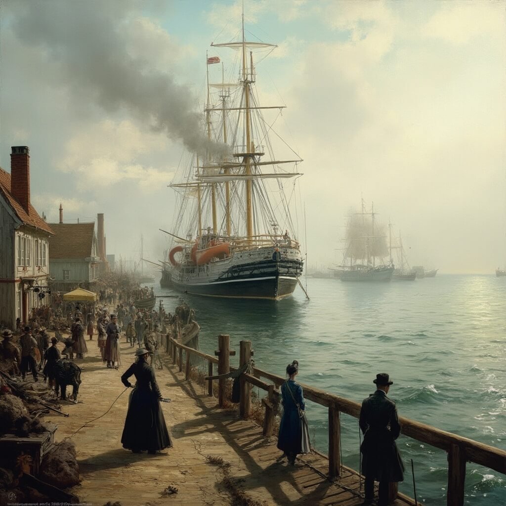 Cape May, New Jersey: Where History Meets Coastal Charm 19th-century steamboat arriving at Cape Harbor with Victorian-dressed passengers, wooden docks, period-accurate ships, misty morning light, Delaware Bay background, and bustling maritime port scene