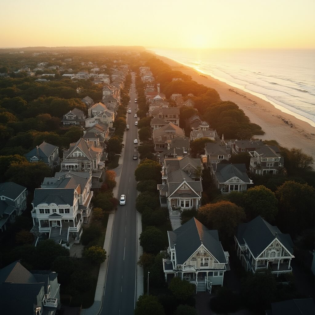 Cape May, New Jersey: Where History Meets Coastal Charm Aerial view of Cape Town's Victorian architecture, historic district, lush landscape, pristine beaches at sunset