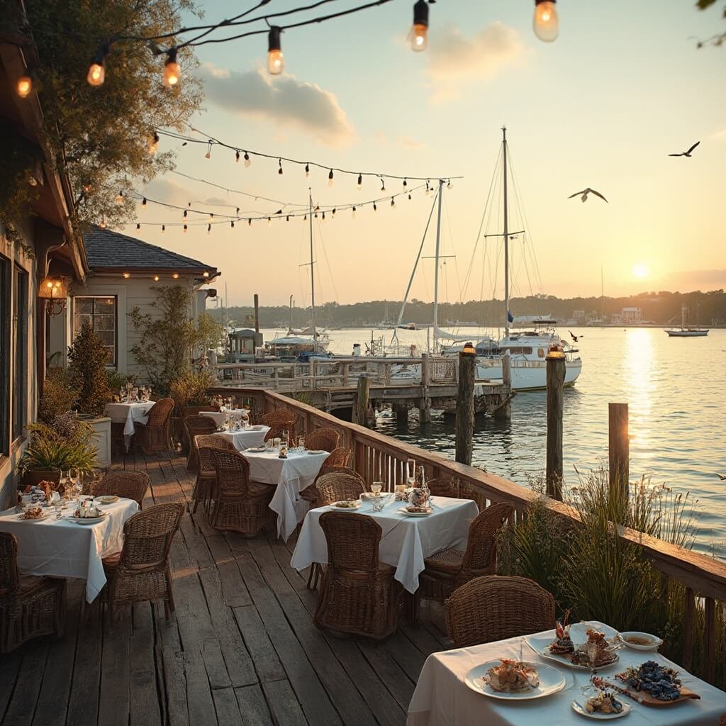 Cape Charles, Virginia: Your Hidden Coastal Paradise Revealed Outdoor dining deck of a waterfront seafood restaurant on the Chesapeake Bay with rustic wooden tables, artfully plated seafood, and a view of the sunset, sailboats, and perched seagulls.