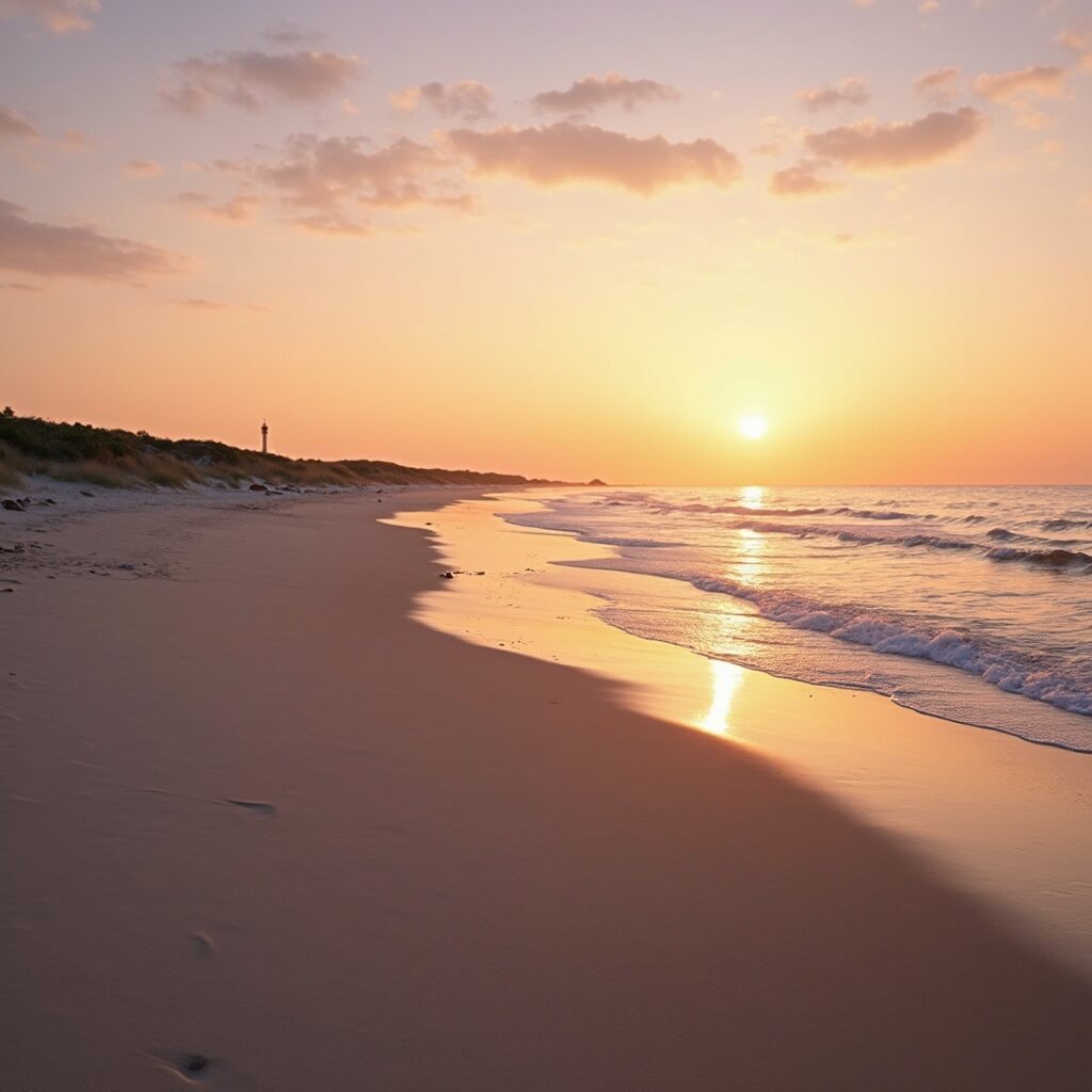 Cape Charles, Virginia: Your Hidden Coastal Paradise Revealed Serene sandy beach at sunset with gentle Chesapeake Bay waves, distant lighthouse silhouette, and warm golden light casting long shadows on the sand and calm water reflecting evening colors