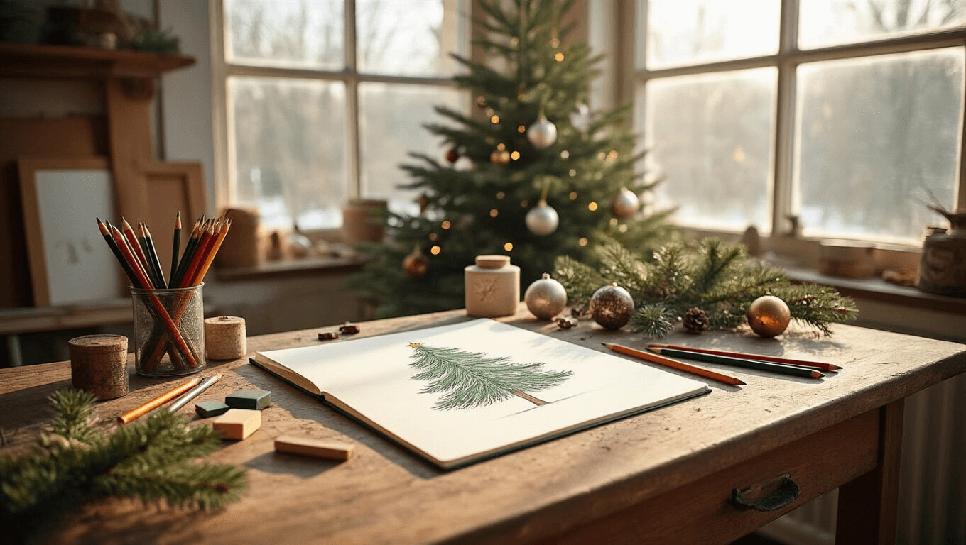 A sunlit art studio featuring a rustic wooden drafting table with scattered art supplies and a partially completed Christmas tree drawing in a white sketchbook. A small decorated pine tree and vintage glass ornaments add holiday accents, all captured in a photorealistic style with warm, cozy lighting.