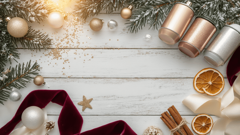 Cinematic overhead flat lay of a rustic DIY Christmas crafting station with glass ornaments, metallic paints, glitter, elegant ribbons, evergreen sprigs, cinnamon sticks, dried orange slices, pinecones, hot chocolate, glowing fairy lights, and crafting tools, all beautifully arranged on a white-washed wooden table.