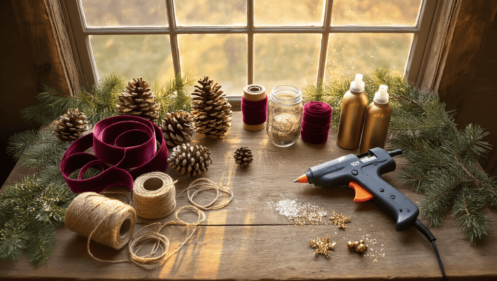 DIY Christmas Decor: Your Ultimate Guide to Festive Home Magic Cinematic overhead view of a rustic wooden crafting table adorned with pinecones, ribbons, mason jars, and glitter, illuminated by warm golden hour light, creating a cozy DIY Christmas decor atmosphere.