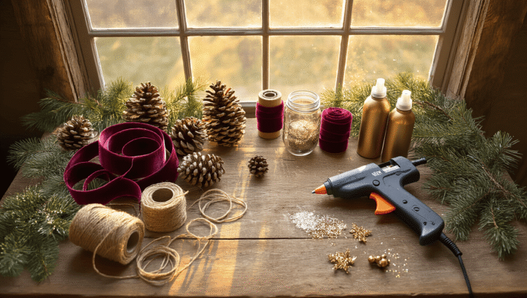 Cinematic overhead view of a rustic wooden crafting table adorned with pinecones, ribbons, mason jars, and glitter, illuminated by warm golden hour light, creating a cozy DIY Christmas decor atmosphere.