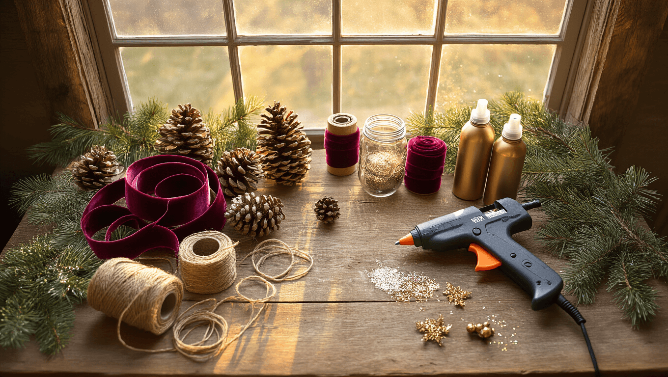 Cinematic overhead view of a rustic wooden crafting table adorned with pinecones, ribbons, mason jars, and glitter, illuminated by warm golden hour light, creating a cozy DIY Christmas decor atmosphere.