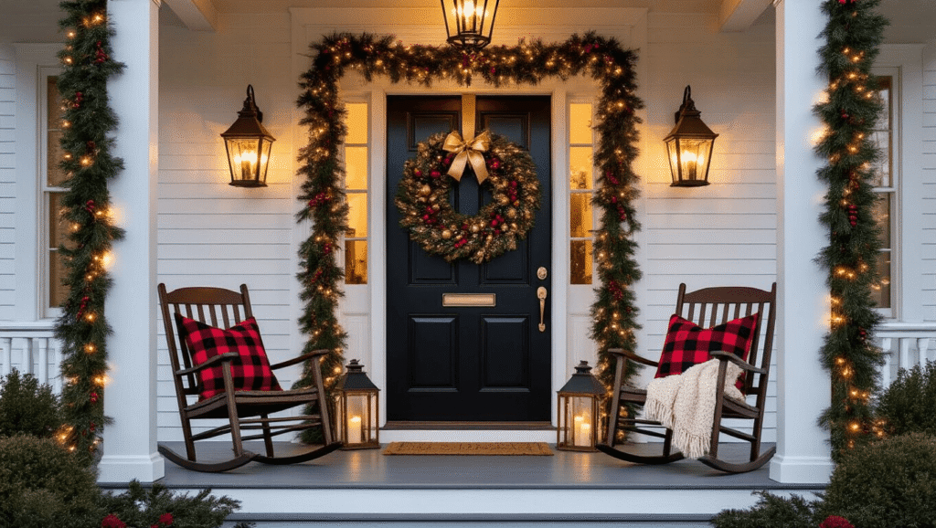Creating a Pinterest-Perfect Christmas Front Porch: Your Ultimate Styling Guide A beautifully styled Victorian front porch decorated for Christmas, featuring a large pre-lit wreath on a glossy black door, weathered copper lanterns with flickering candles, vintage rocking chairs with plaid pillows, and a natural pine garland with micro lights, set against a warm golden hour backdrop.