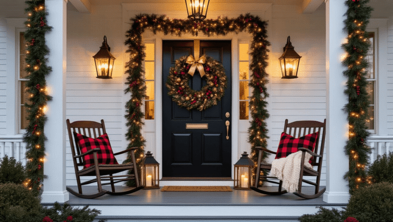 Creating a Pinterest-Perfect Christmas Front Porch: Your Ultimate Styling Guide A beautifully styled Victorian front porch decorated for Christmas, featuring a large pre-lit wreath on a glossy black door, weathered copper lanterns with flickering candles, vintage rocking chairs with plaid pillows, and a natural pine garland with micro lights, set against a warm golden hour backdrop.