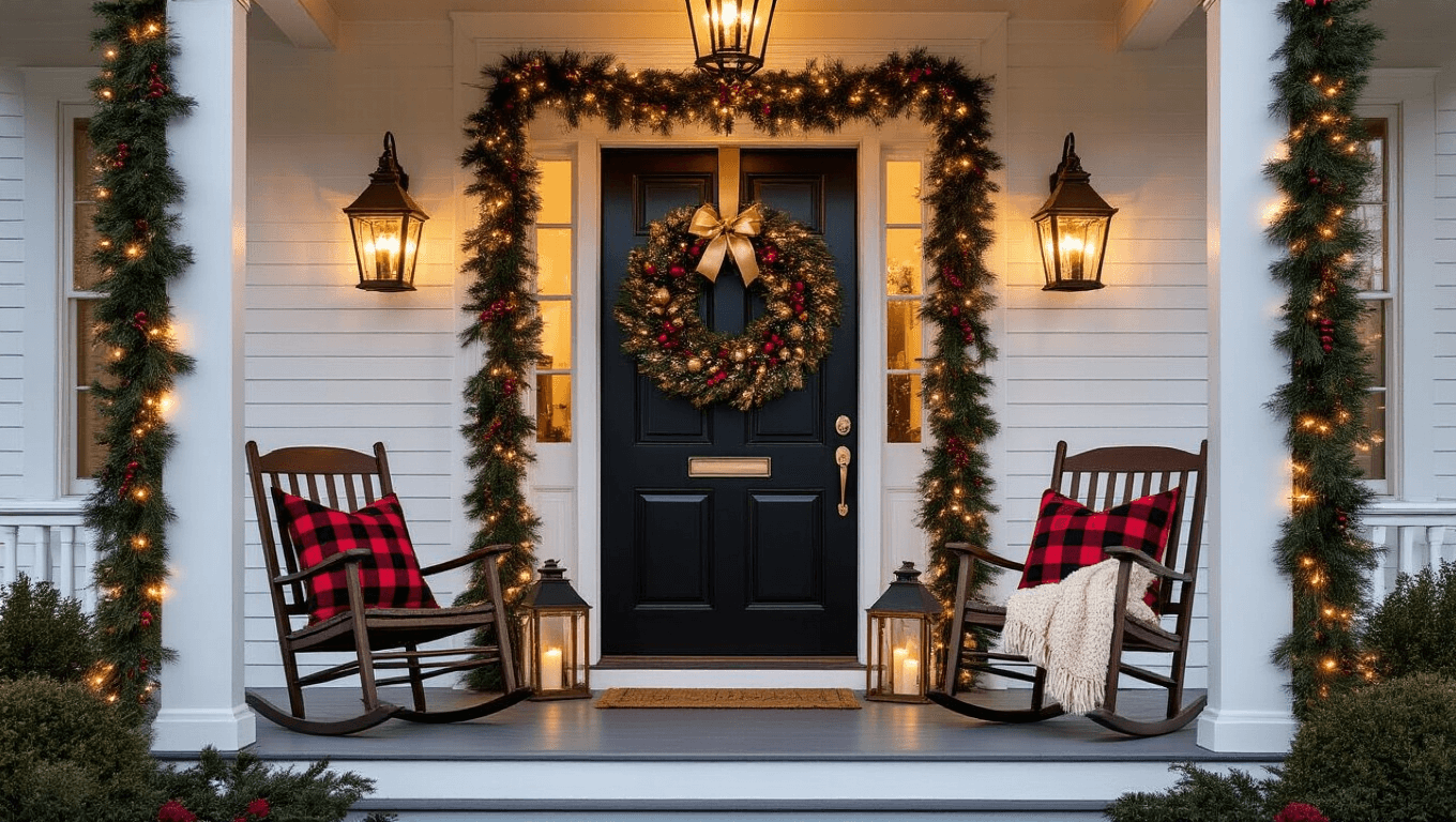 A beautifully styled Victorian front porch decorated for Christmas, featuring a large pre-lit wreath on a glossy black door, weathered copper lanterns with flickering candles, vintage rocking chairs with plaid pillows, and a natural pine garland with micro lights, set against a warm golden hour backdrop.