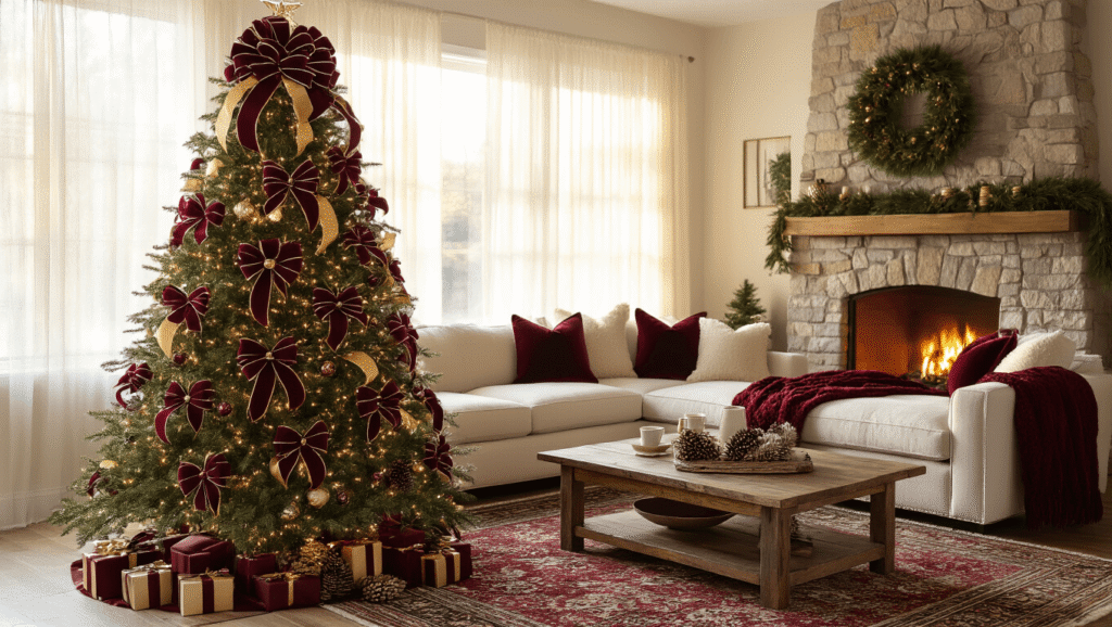 How to Create a Stunning Bow Christmas Tree: Your Ultimate Styling Guide A beautifully decorated 9-foot Fraser fir Christmas tree with burgundy velvet and gold ribbon bows in a cozy living room, featuring soft sunlight, a cream sectional sofa, a rustic coffee table, a crackling fireplace, and rich layered rugs, creating an inviting festive atmosphere.