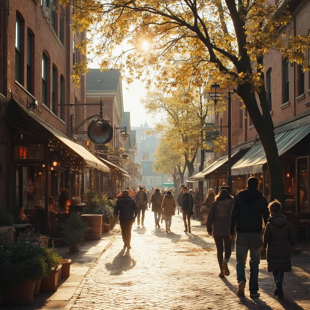 Uncover Burlington, Vermont: Your Ultimate New England Hidden Gem Busy Church Street Marketplace in Vermont, lined with historic brick buildings and bustling with local activity, street performers, and shoppers under the warm sunlight casting long shadows.