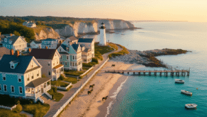 Discover Your Perfect Coastal Getaway: 17 Hidden Gem Small Towns That'll Make You Forget City Stress Forever "Aerial view of a quaint New England coastal town with pastel Victorian houses, a historic lighthouse, a boardwalk leading to a wooden pier, wild horses on the beach, small boats in a harbor, and dramatic coastal cliffs at golden hour."