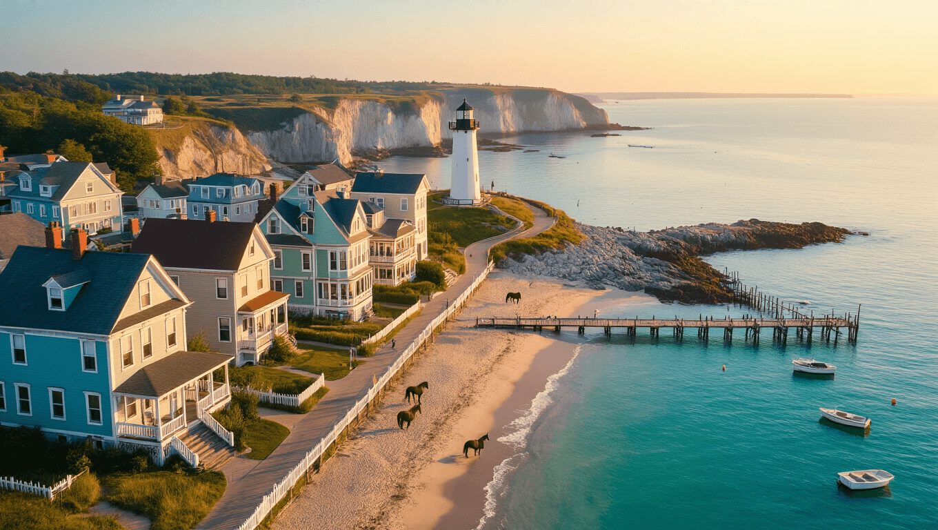 "Aerial view of a quaint New England coastal town with pastel Victorian houses, a historic lighthouse, a boardwalk leading to a wooden pier, wild horses on the beach, small boats in a harbor, and dramatic coastal cliffs at golden hour."