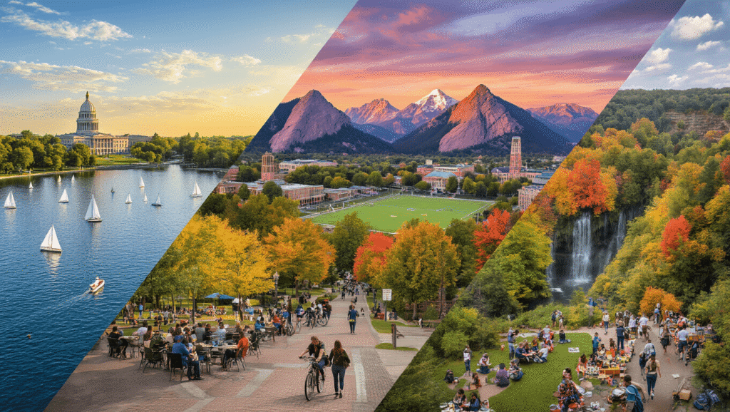 5 College Towns in the U.S. That Are Perfect for Your Next Weekend Escape "Aerial collage blending 5 distinct college towns - Madison, Boulder, Gainesville, Ann Arbor, Ithaca - highlighting unique landmarks and landscapes, student life activities, and architectural beauty under a warm, golden-hour glow."