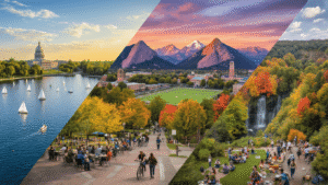 5 College Towns in the U.S. That Are Perfect for Your Next Weekend Escape "Aerial collage blending 5 distinct college towns - Madison, Boulder, Gainesville, Ann Arbor, Ithaca - highlighting unique landmarks and landscapes, student life activities, and architectural beauty under a warm, golden-hour glow."