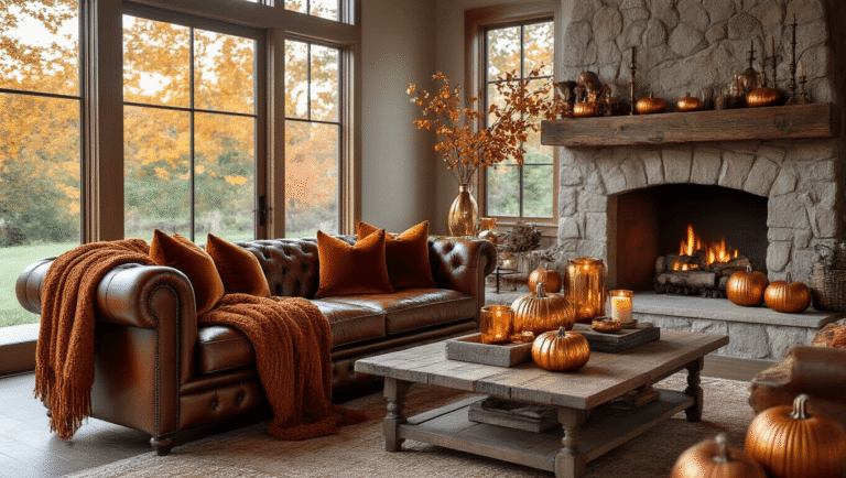 Cozy Fall Decor: Transform Your Home into an Autumn Haven Ultra-detailed image of a cozy fall living room with a cognac leather Chesterfield sofa, layered warm throws, metallic pumpkins, and a dramatic stone fireplace illuminated by soft autumn light.