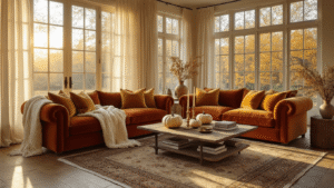 Cozy Fall Decor Ideas: Transform Your Home into an Autumn Haven A cozy autumn living room bathed in golden sunlight, featuring a rust-colored velvet sofa with chunky knit throws, muted Persian rugs, and a weathered wood coffee table adorned with ceramic pumpkins and brass candlesticks, all highlighted by natural diffused lighting and a warm ambiance.