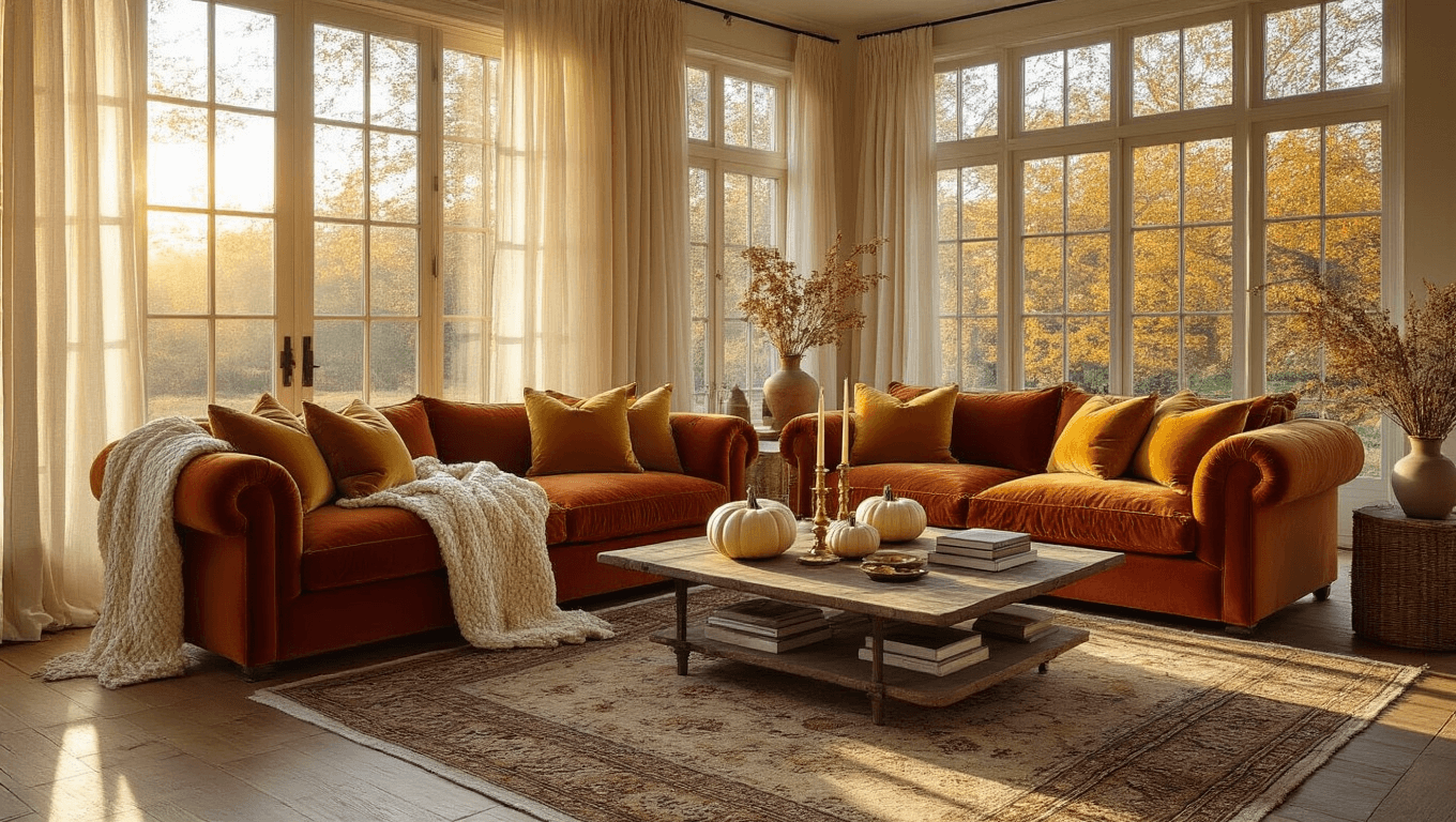 A cozy autumn living room bathed in golden sunlight, featuring a rust-colored velvet sofa with chunky knit throws, muted Persian rugs, and a weathered wood coffee table adorned with ceramic pumpkins and brass candlesticks, all highlighted by natural diffused lighting and a warm ambiance.