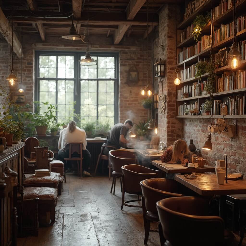 5 College Towns in the U.S. That Are Perfect for Your Next Weekend Escape Interior of a cozy coffee shop in a college town featuring exposed brick walls, wooden beam ceilings, large windows, vintage leather armchairs, communal wooden tables with brass reading lamps, students working on laptops, steaming coffee cups, bookshelves filled with classics, warm lighting, and windowsills adorned with potted plants.