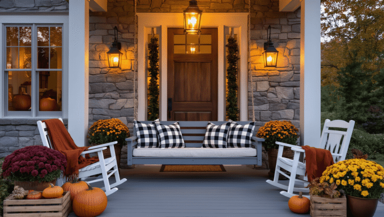 Cozy Fall Porch Decor: Transform Your Entryway with Autumn Charm A cozy craftsman-style porch at dusk, featuring a grey wooden swing with buffalo check pillows, white rocking chairs with rust-colored throws, heirloom pumpkins on vintage crates, and warm uplighting highlighting the stone facade, all enhanced by ambient string lights and autumn foliage in soft focus.