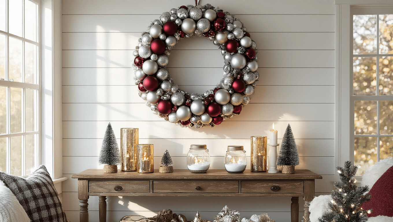 A cozy, festive living room with a handcrafted ornament wreath, natural light streaming through large windows, and DIY decorations, captured in soft natural lighting.