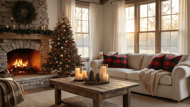 A spacious, cozy farmhouse living room decorated for Christmas, featuring a beautifully adorned tree, a crackling stone fireplace, plush plaid pillows, and warm candlelight, all bathed in golden hour sunlight.