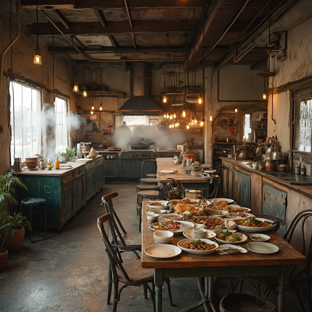10 Mind-Blowing Small Towns with Food Scenes That'll Make Big Cities Drool Cozy gas station kitchen interior with rustic wooden tables, mismatched chairs, hanging lamps, white ceramic plates with global dishes, steaming pans, industrial-style ceiling pipes, and a homestyle ambiance.