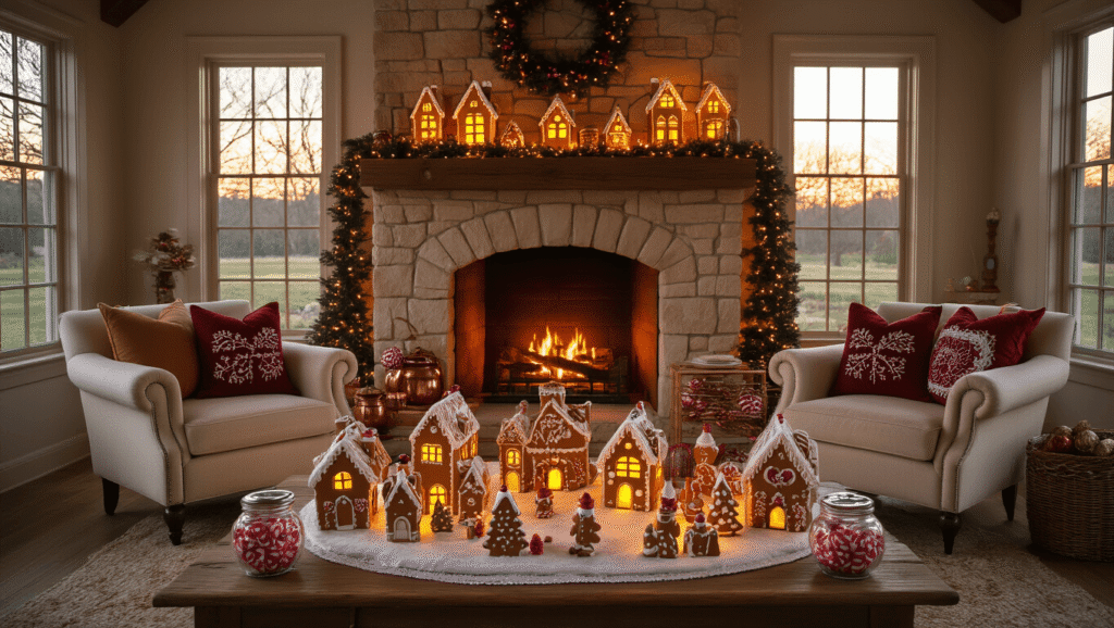 Magical Gingerbread Christmas Decor: Transform Your Home into a Festive Wonderland A cozy farmhouse living room at golden hour, featuring a grand limestone fireplace with glowing ceramic gingerbread houses, plush armchairs with gingerbread-patterned pillows, and a candy-themed garland, all enveloped in warm, nostalgic lighting.