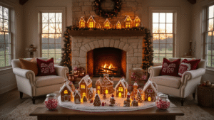 A cozy farmhouse living room at golden hour, featuring a grand limestone fireplace with glowing ceramic gingerbread houses, plush armchairs with gingerbread-patterned pillows, and a candy-themed garland, all enveloped in warm, nostalgic lighting.