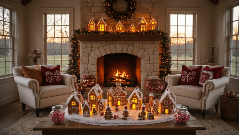 Magical Gingerbread Christmas Decor: Transform Your Home into a Festive Wonderland A cozy farmhouse living room at golden hour, featuring a grand limestone fireplace with glowing ceramic gingerbread houses, plush armchairs with gingerbread-patterned pillows, and a candy-themed garland, all enveloped in warm, nostalgic lighting.