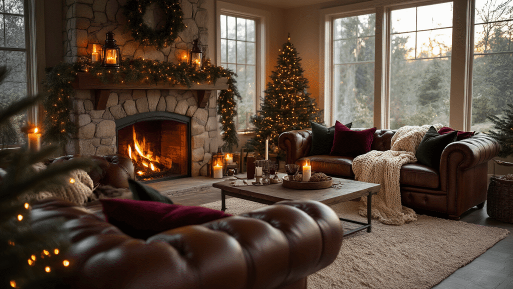 Cozy Christmas Decor: Transform Your Home into a Warm Winter Wonderland A cozy, ultrawide shot of a living room featuring a leather Chesterfield sofa adorned with cream throws and burgundy pillows, illuminated by warm candlelight from a stone fireplace. Fresh pine garland and vintage brass lanterns add to the warm atmosphere, with natural light creating dramatic shadows and soft bokeh effects. The color palette includes cognac leather, forest green, and cream, captured in hyperrealistic detail at golden hour.