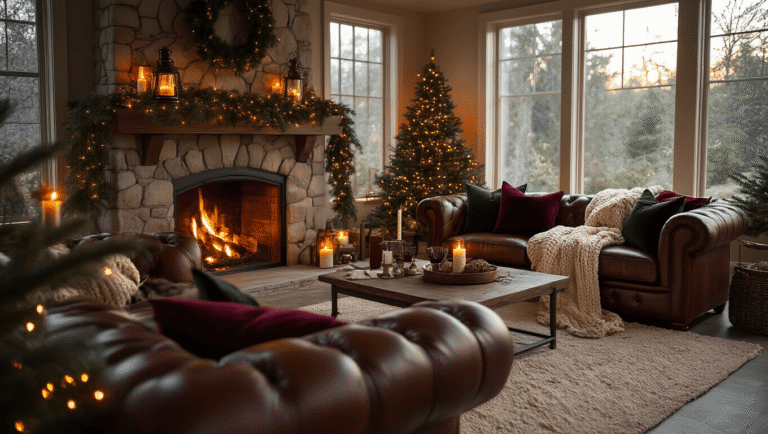 Cozy Christmas Decor: Transform Your Home into a Warm Winter Wonderland A cozy, ultrawide shot of a living room featuring a leather Chesterfield sofa adorned with cream throws and burgundy pillows, illuminated by warm candlelight from a stone fireplace. Fresh pine garland and vintage brass lanterns add to the warm atmosphere, with natural light creating dramatic shadows and soft bokeh effects. The color palette includes cognac leather, forest green, and cream, captured in hyperrealistic detail at golden hour.