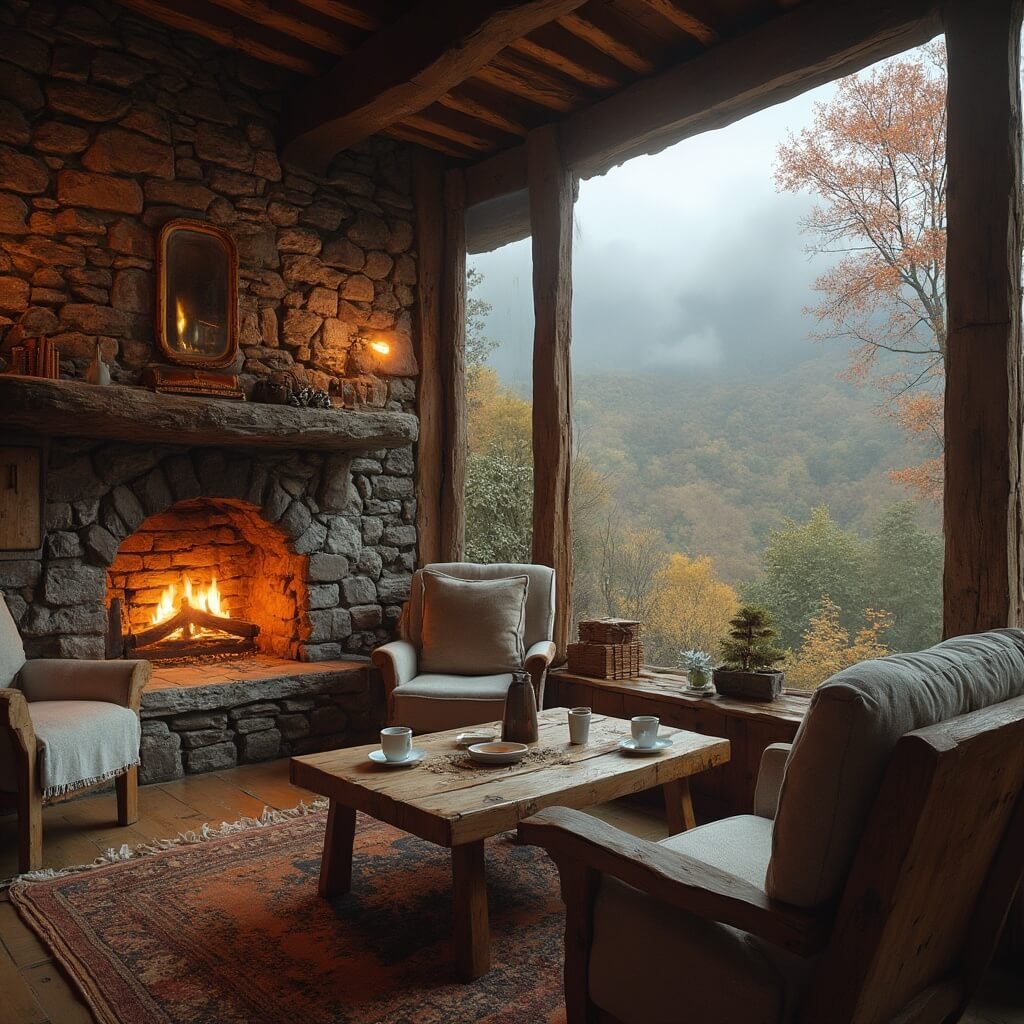 9 U.S. Small Towns That'll Transform Your Fall Travel Game Cozy bed & breakfast interior with stone fireplace, wooden beams, plush armchairs by large windows overlooking autumn-colored hills, and a wooden table with steaming coffee mugs, in a mountainous terrain