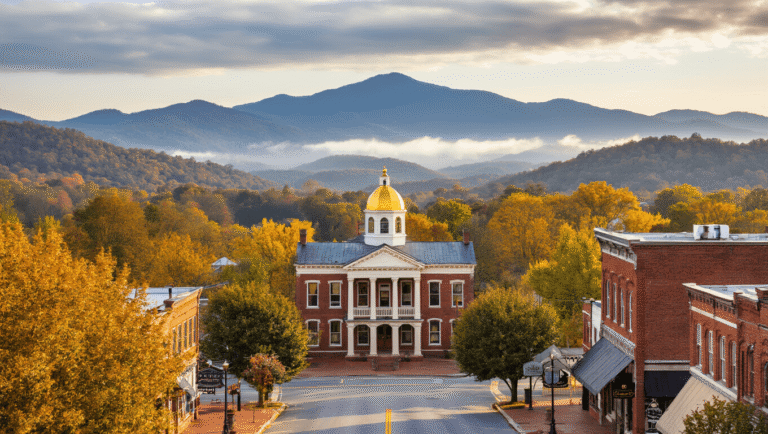 "Dahlonega's historic town square with gold-domed courthouse, surrounded by brick buildings and autumn foliage, with North Georgia Mountains in the background under a partly cloudy sky."