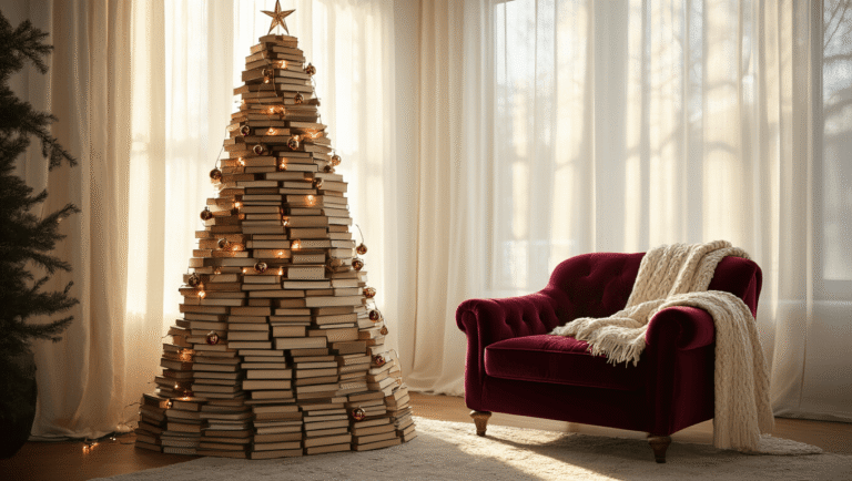 DIY Christmas Tree: Create a Festive Masterpiece on a Budget Photorealistic image of a cozy living room at golden hour featuring a 7-foot DIY Christmas tree made of vintage books, adorned with copper wire lights and vintage ornaments, with warm sunlight filtering through sheer curtains, casting shadows on the hardwood floor. A burgundy velvet armchair with a cream cable-knit throw complements the scene, captured in soft bokeh with a warm color palette.