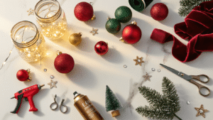 Cinematic flat lay of Dollar Tree Christmas craft supplies on a white marble surface, featuring mason jars with fairy lights, red and gold ornaments, velvet ribbons, metallic spray paint, bottle brush trees, a hot glue gun, craft scissors, and scattered rhinestones, captured in warm golden hour lighting.