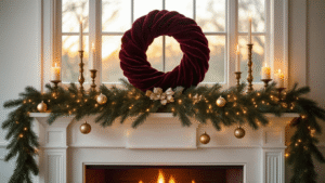Magical Christmas Mantle Decor: Transform Your Space into a Festive Wonderland Elegantly decorated Christmas mantle above a glowing fireplace, featuring evergreen garland, a burgundy velvet wreath, brass candlesticks with flickering candles, vintage glass ornaments, and red cream stockings, all bathed in warm amber sunlight.