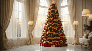 A Glamorous Red & Gold Christmas Tree: Your Ultimate Styling Guide Photorealistic image of a grand living room with a 9-foot Christmas tree adorned in red and gold. The tree is positioned in a bay window with sheer cream curtains, illuminated by warm sunlight. Vintage brass floor lamps cast soft ambient light over cream-colored velvet furniture. The polished marble floor reflects the tree's decorations, creating a cozy, elegant atmosphere.