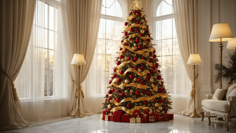 A Glamorous Red & Gold Christmas Tree: Your Ultimate Styling Guide Photorealistic image of a grand living room with a 9-foot Christmas tree adorned in red and gold. The tree is positioned in a bay window with sheer cream curtains, illuminated by warm sunlight. Vintage brass floor lamps cast soft ambient light over cream-colored velvet furniture. The polished marble floor reflects the tree's decorations, creating a cozy, elegant atmosphere.