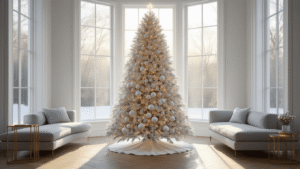 White Christmas Trees: A Sophisticated Festive Centerpiece A contemporary living room featuring a 7-foot white Christmas tree in a bay window, adorned with white baubles and LED lights, surrounded by natural morning sunlight, with a pearl grey sectional sofa and brass accent tables, all captured in photorealistic detail.
