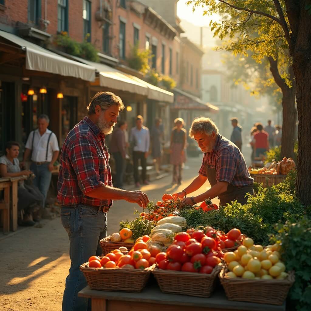 10 Mind-Blowing Small Towns with Food Scenes That'll Make Big Cities Drool Local farmers arranging colorful produce at a picturesque small town farmer's market during golden hour, community members shopping, with historic storefronts and sunlit trees in the background