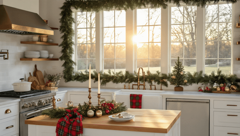 A modern farmhouse kitchen adorned for Christmas, featuring pine garland, holiday vignettes, and warm golden hour sunlight, capturing a cozy and festive atmosphere.