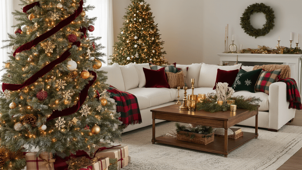 Festive Magic: Transform Your Home with Stunning Christmas Decor A cozy Christmas living room featuring a beautifully decorated 8-foot Fraser fir tree, cream linen sectional sofa with festive throws, a mahogany coffee table adorned with candles and pine garland, and a fireplace mantle dressed with greenery and lights, all bathed in warm golden hour lighting.