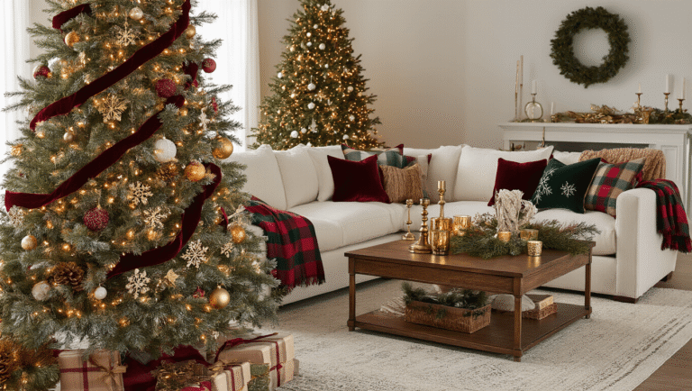 Festive Magic: Transform Your Home with Stunning Christmas Decor A cozy Christmas living room featuring a beautifully decorated 8-foot Fraser fir tree, cream linen sectional sofa with festive throws, a mahogany coffee table adorned with candles and pine garland, and a fireplace mantle dressed with greenery and lights, all bathed in warm golden hour lighting.