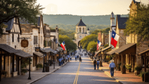 Fredericksburg, Texas: Where German Heritage Meets Wild West Charm "Main Street in Fredericksburg, Texas with German half-timbered architecture, Texas stone buildings, American, Texas, and German flags, visitors in cowboy hats and lederhosen, Vereins Kirche in the background, under golden hour lighting"